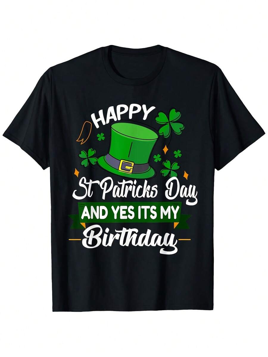 Happy St. Patrick'S Day It'S My Birthday T-Shirt - Irish-Themed Shamrock & Pot Of Golden Design, Unisex Casual & Festive Apparel For Men & Women, All-Season Comfort Fit (S-XXXL) - Perfect For Parades, Parties, Casual Attire & Irish Dance Events, T Shirt For Men, Men Graphic Tee, Graphic Tee Men, T-Shirt For Men, Men Clothe, Men Shirt - 黑色 - 查看 1