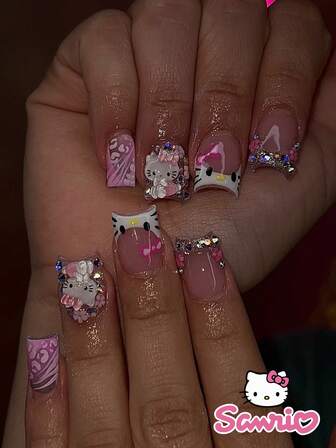  24 PIEZAS Uñas postizas cuadradas cortas de Sanrio Hello Kitty con flores rosas, kit de arte de uñas DIY con aleación de cromo acrílico, adecuado para uso diario, citas y fiestas de mujeres (incluye: 1 pieza de gel de gelatina y lima)