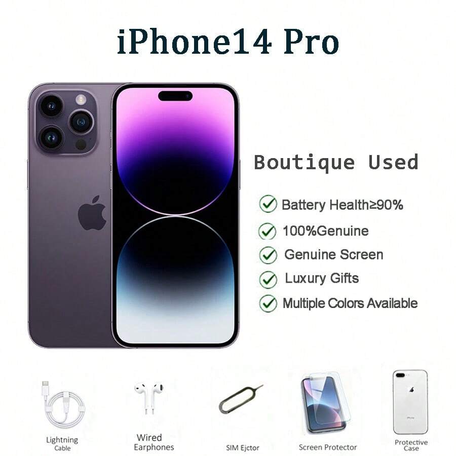 Apple هاتف آيفون 14 برو مستعمل 128 جيجا بايت/256 جيجا بايت 6.1 بوصة غير مقفول، درجة A+ حالة جديدة بنسبة 95%، متوفر باللون الأرجواني والأسود والذهبي والفضي، ثنائي شريحة الاتصال وثنائي الاستعداد، أداء مستقر وسلس، مناسب كنسخة احتياطية للعائلة أو للاستخدام الطارئ المهني - أرجواني غامق - مشاهدة 1