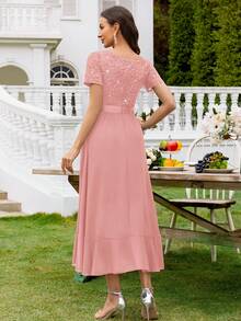 MIUSOL V领亮片蕾丝撞色雪纺荷叶边下摆优雅舞会礼服裙，适合婚礼宾客、正式晚宴及其他场合。 - 粉色 - 查看 3