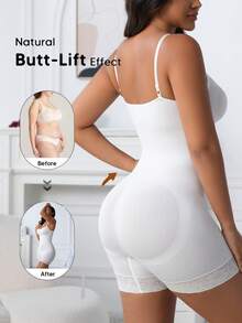 1pc Women Seamless Lace Shapewear Jumpsuit With Spaghetti Straps, Tummy Control, Bust Lift, Butt Lift - White - View 3