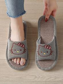 Sanrio Kitty Embroidered Linen Breathable Open Toe House Slippers For Women, Elegant & Sophisticated, Officially Licensed - Brownish-gray - View 4