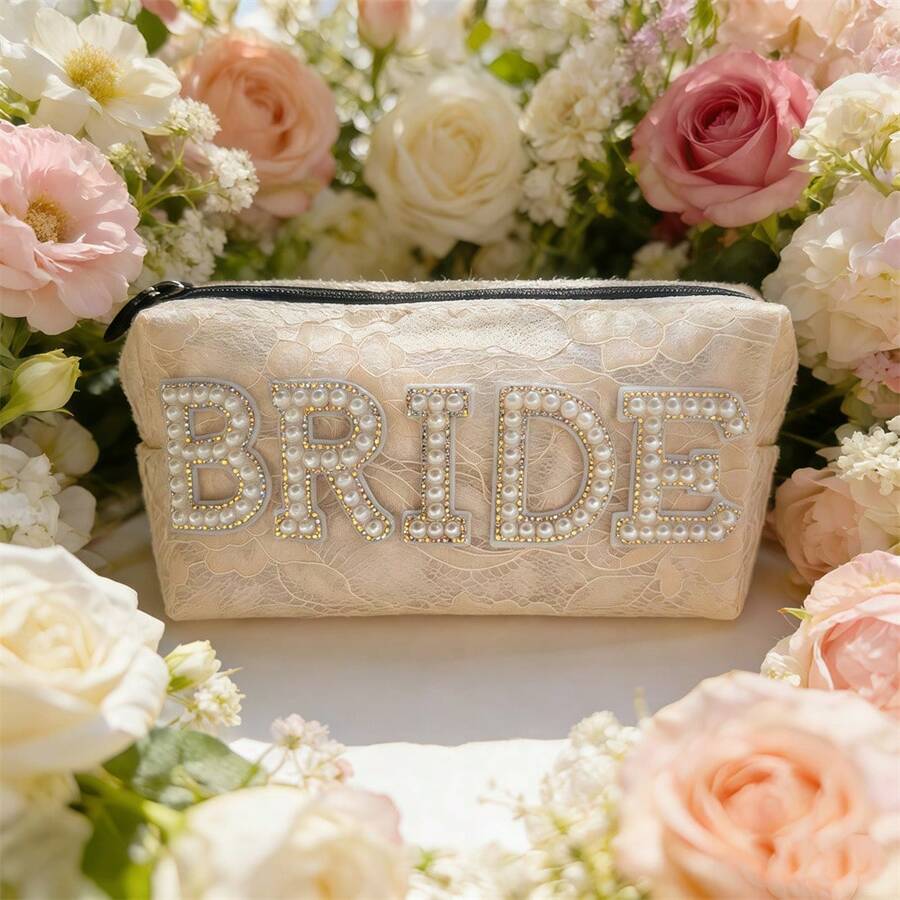 1个蕾丝拉链化妆包,饰有“BRIDE”仿珍珠字母装饰,伴娘礼物,新娘送礼会,单身派对 - 彩色 - 查看 1