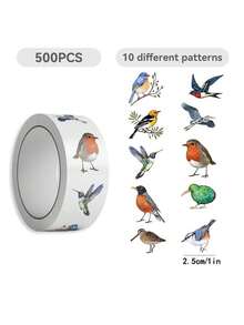 500张/卷 鸟类贴纸 卷装鸟类贴纸 动物贴纸 鸟类玩具 鸟类礼物 卡通贴纸 可爱贴纸 美观贴纸 乙烯基贴纸 适用于水瓶、电脑、笔记本电脑、手机、行李箱、笔记本、冰箱