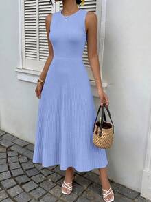 Women Summer Sleeveless Midi Dress Crewneck Ribbed Knit Pleated Swing A-Line Flowy Dress Solid Color Casual Spring Holiday Vacation Valentine Long Midi Dress Outfits - 天藍色 - 查看 6