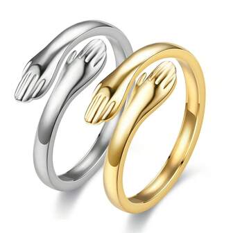 Set de 2 anillos abiertos con forma de mano | Acero inoxidable | Estilo minimalista y romántico | Adecuado para parejas, regalo diario para mujeres
