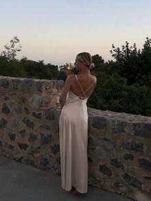 Basrey Sexy Long Bridesmaid Dress, Spaghetti Strap Backless Design, Zipper Closure, Elegant Woven Fabric, Suitable For Special Occasions - Light Apricot Color - View 4