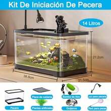 Pecera Betta Pequeña con Bomba de Aire 14L Acuario con Luz LED para Tortuga Kit Tanque de Peces de Mesa Mini Acuario Silencio Tanque de Pez con Planta Artificial y Piedra Decotiva Acuascape - Multicolor - Ver 2