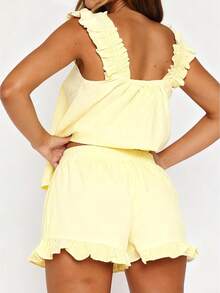Womens Summer Pajamas Set Y2K Flying Sleeve Ruffle Trim Cami Tank Tops And Shorts Set Coquette 2 Piece Pajama Loungewear - 黃色 - 查看 2