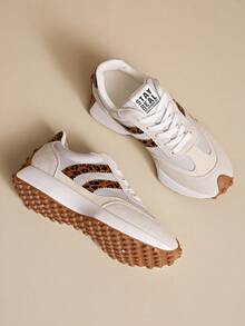 Women's Beige Retro Thick-Soled Luxury Fashion Versatile Sneakers, Suede-Like Fabric Patchwork, Casual Thick-Sole, Fashionable Comfortable Vacation Style Non-Slip Soft Bottom Casual Sneakers - Beige - View 5