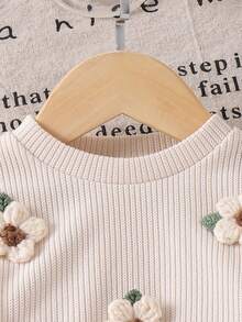 2pcs Baby Girls Casual Floral Applique Long Sleeve Top With Pocket & Denim Pants Set, Spring/Autumn