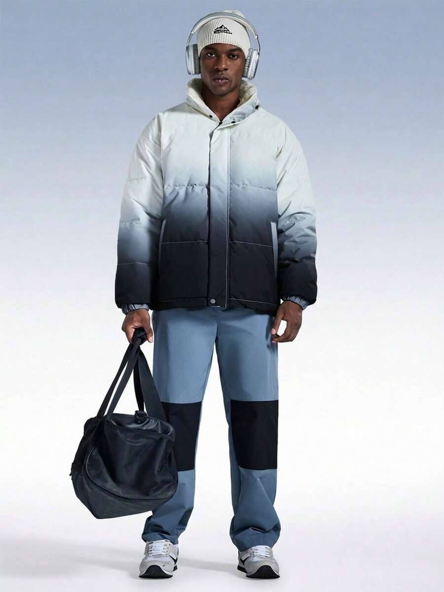 Driftmere Men's Fashionable Gradient Classic Side Pocket Elastic Hem Lined Outdoor Casual Hooded Down Coat, Versatile For Winter, Keep Warm,Sports Outdoor, Daily Casual Sports, Windproof, Waterproof Coat - Black - View 1