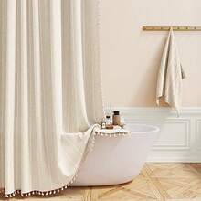 Boho Farmhouse Shower Curtain Linen Rustic Weighted Striped Cloth Shower Curtain Set With Tassel Water Repellent Bohemian Vintage Country Fabric Shower Curtain For Bathroom Cream/Beige 72x72 - A - 奶油色+60英吋寬 x 72英吋長(1 件裝) - 查看 1