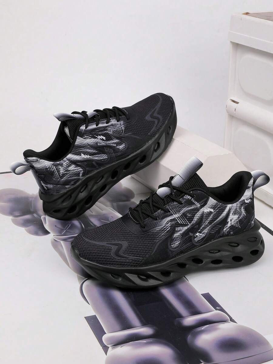 1 Pair Breathable Mesh Fabric Sneakers For Teens, Comfortable Soft Lightweight Non-Slip Durable Soles, Retro Fashion Casual Running Outdoor Street Shoes - Black - View 1