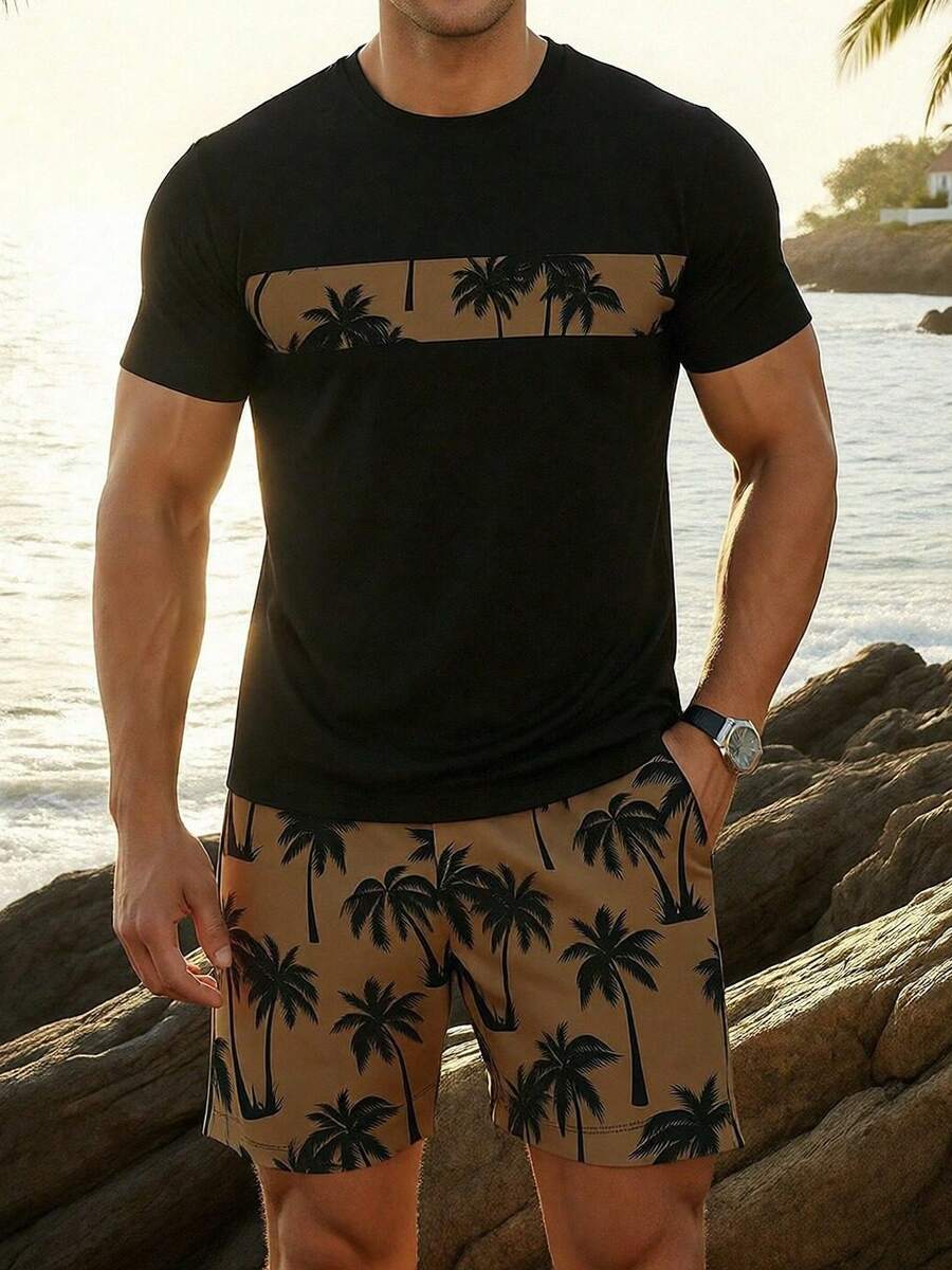 Men's Palm Tree Print Short Sleeve T-Shirt And Shorts 2 Pieces Beach Vacation Set