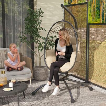  Outsunny Hanging Egg Chair Outdoor Indoor Garden Swing Chair With Folding Basket And Thickened Cushion, Garden Hanging Chair With Stand, Headrest, Cup Holder For Patio, Balcony