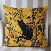 1个黑色猫咪图案抱枕套 - 17.7*17.7英寸，2D数码单面印花，花树猫咪黄色抱枕套，乡村风格装饰，适用于农舍、客厅、卧室、沙发、门廊、露台、户外，不含枕芯 - 彩色 - 查看 6