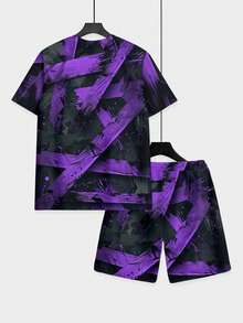 One Pcs Men's Purple-Tone Abstract Texture Short-Sleeve & Beach Pants Set, Pocket Drawstring Design, Loose Fit, Light Casual For Multi-Scenes - 彩色 - 查看 5