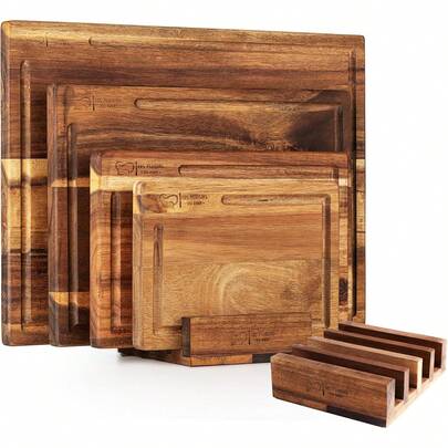 Les Plaisirs Du Chef - Schneidebrett Set aus Holz – 4-teiliges Küchenbrett Set • Schneidebretter aus Akazienholz, lebensmittelecht geölt • Robust, langlebig & stilvoll für jede Küche