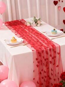 1 Set Red Heart Mesh Table Runner, Transparent Romantic Heart Design, Suitable For Romantic Wedding Dining Table Decor, Transparent Heart Pattern Party Tablecloth, Decorative Fabric, Applicable For Wedding, Birthday, Anniversary, Bridal Shower, Valentine's Day And Other Occasions - Multicolor - View 4