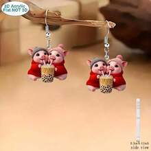 2D flat, 1 pair, cute twin little pigs drinking milk tea, versatile acrylic pendant earrings with floral patterns, perfect gift for pet lovers, suitable for ladies, parties and Christmas, fashionable accessories for all seasons, as a gift - Multicolor - Ver 6