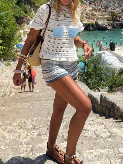 Women's Casual Everyday Chic Cute Design Beachwear Vacation Seaside High Neck Shoulder Strap Ruffle Seashell Hollow Out Cropped Sweater, Spring/Summer