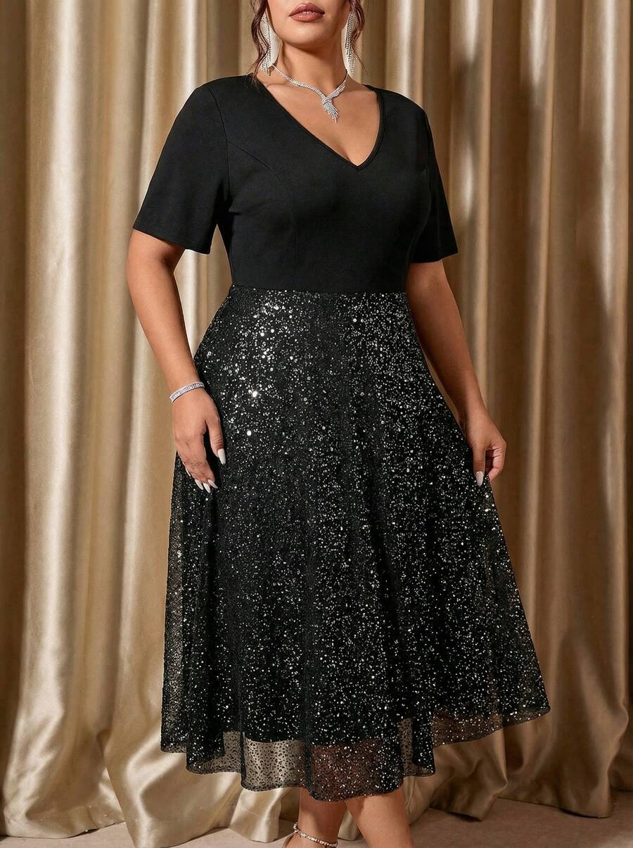 Voworia Große Größe Kleid mit Dalmatiner Muster, V-Ausschnitt, - Schwarz - Übersicht 1