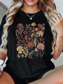 Womens Flowers Print Loose Oversized T-Shirt For Women - Casual Polyester Knit Fabric With Round Neckline All-Season Com - 黑色 - 查看 1