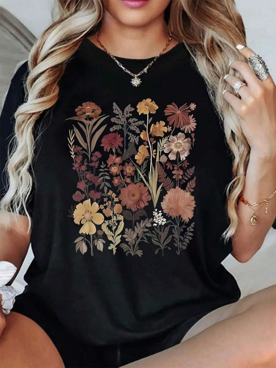 Womens Flowers Print Loose Oversized T-Shirt For Women - Casual Polyester Knit Fabric With Round Neckline All-Season Com - 黑色 - 查看 1