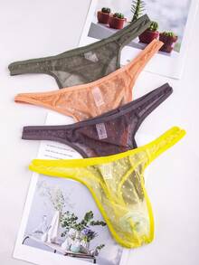 8-Pack Men's Sexy Lace Thong, Fashionable Lace Print See-Through Mesh Cutout Bikini Triangle Panties, Comfortable Breathable Elastic Low-Waist Underwear, Suitable For Daily Wear And Special Occasions - 混合色 - 查看 3