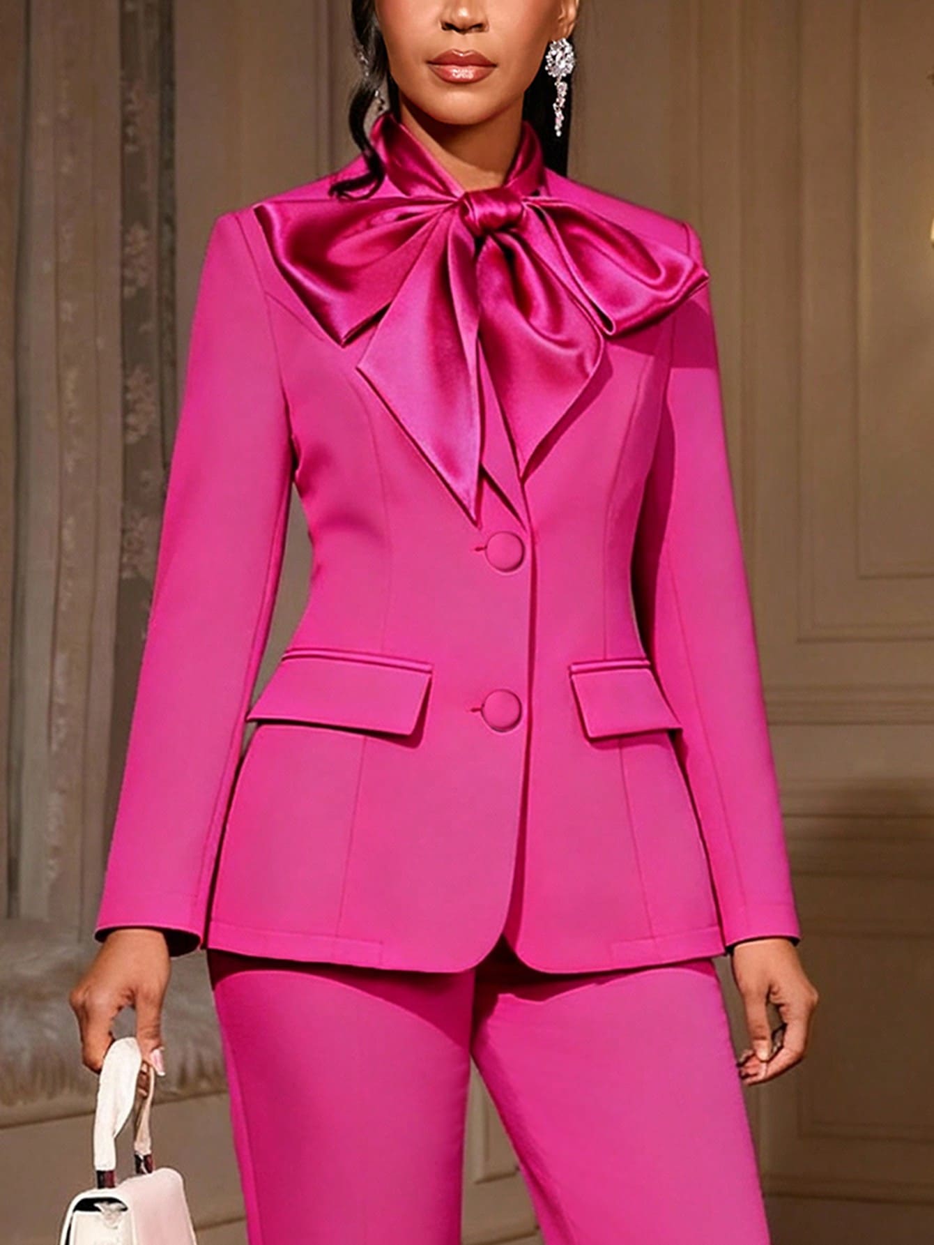 Elegant Women's Purple Red Blazer Jacket With Satin Bow, Long Sleeve Fitted Formal Work Wear For Spring - 玫紅色 - 查看 1