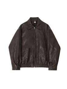 Giacca corta da uomo vintage in pelle, stile Melard, cappotto primaverile ampio con colletto risvoltato, giacca in pelle in stile coreano effetto invecchiato - Castano - Visualizzare 6