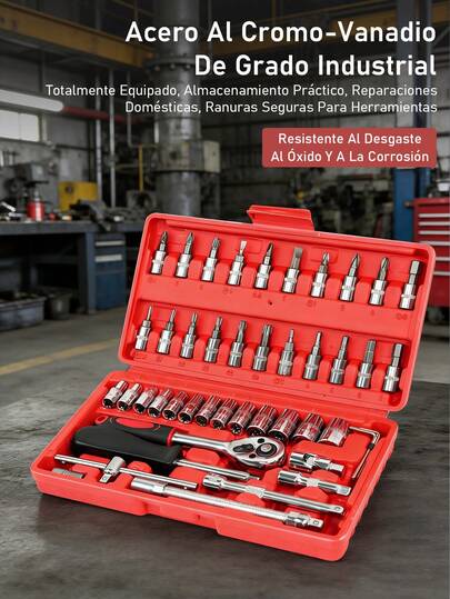 46pcs 1/4-Inch Juego Llave Tubos Herramienta De Reparación De Coches Socket Set Car Repair Tool Ratchet Torque Wrench Combo Tools Kit Auto Repairing Tool Set,Socket Ratchet Wrench Set With Metric Drill Socket And Extension Bar, For Car Repair And Household Use, With Storage Box