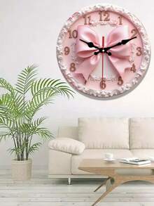 Rosa Schleife Holz Wanduhr, geeignet für Wohnzimmer, Schlafzimmer, Esszimmer, Arbeitszimmer, Büro, Küche, Café, Restaurant und Boutique Dekoration, verziert mit elegantem Blumenmuster und weißem luxuriösem Rahmen - Verschiedenfarbig - Übersicht 7