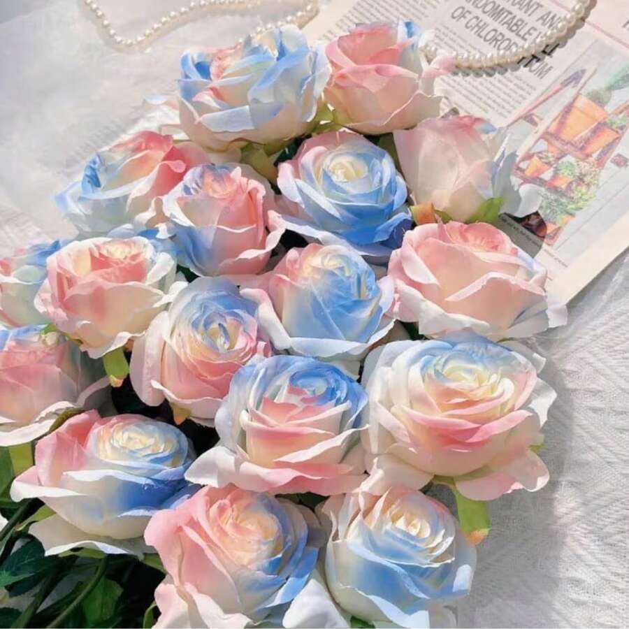 1pc/5pcs/10pcs/12pcs/20pcs Blue & White 20-Inch Artificial Rose Flowers, Premium Fake Roses, Suitable For Home Decor, Room Decor, Dining Table Decor, Wedding Decor, Bridal Bouquet, Wrist Corsage, Flower Arrangement. Suitable For Home, Restaurant, Bedroom, Vase Decoration. - Xanh và trắng - Xem 1