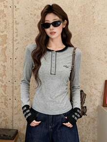 Contrast Color Letter Inlay Contrast Trim Casual School Long Sleeve Top