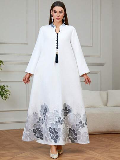 Women's Elegant Jacquard Print Patchwork V-Neck Long Sleeve Maxi Kaftan Robe With Tassel & Button Trim, Suitable For Eid Celebration, Party, Casual & Loungewear