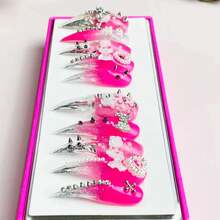 NailLuxe 10 PCS Handmade Dragon Press - On Nails | Pink Gothic Dragon Nails With Pink & Clear Bases, Gothic Stud & Cross Embellishments For Edgy Sweet Styles - 玫瑰紅 - 查看 9