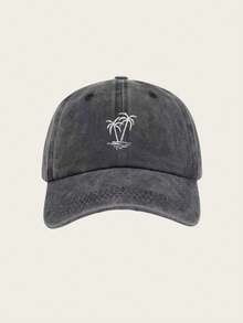 1pc New Washed Vintage Baseball Cap, Embroidered Palm Tree Pattern, Retro Soft Crown Sun Hat, Fashionable Solid Color Brim,Summer,Beach,Holiday,Festival,Travel - Black - View 11