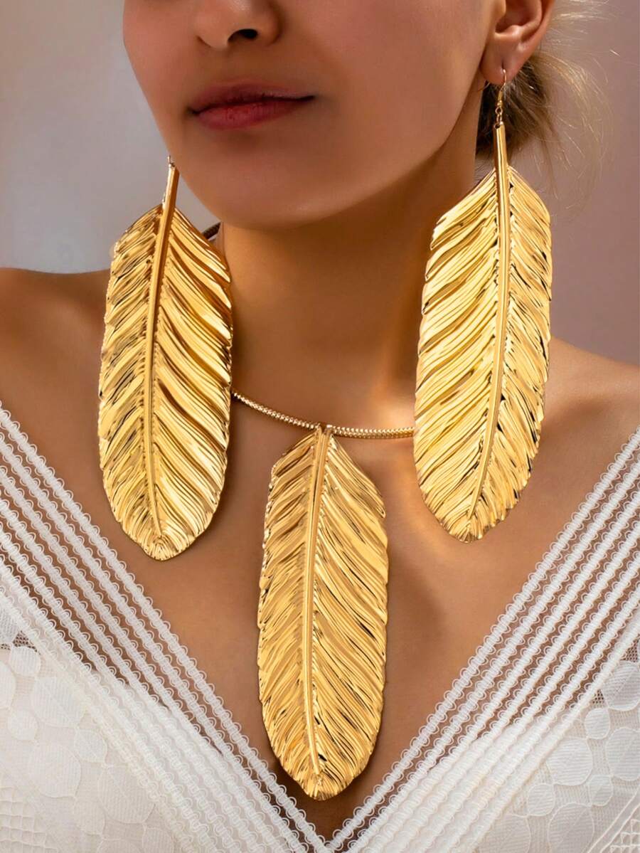 独特几何叶片纹理大羽毛项链耳环首饰套装，优雅百搭，女士礼物之选