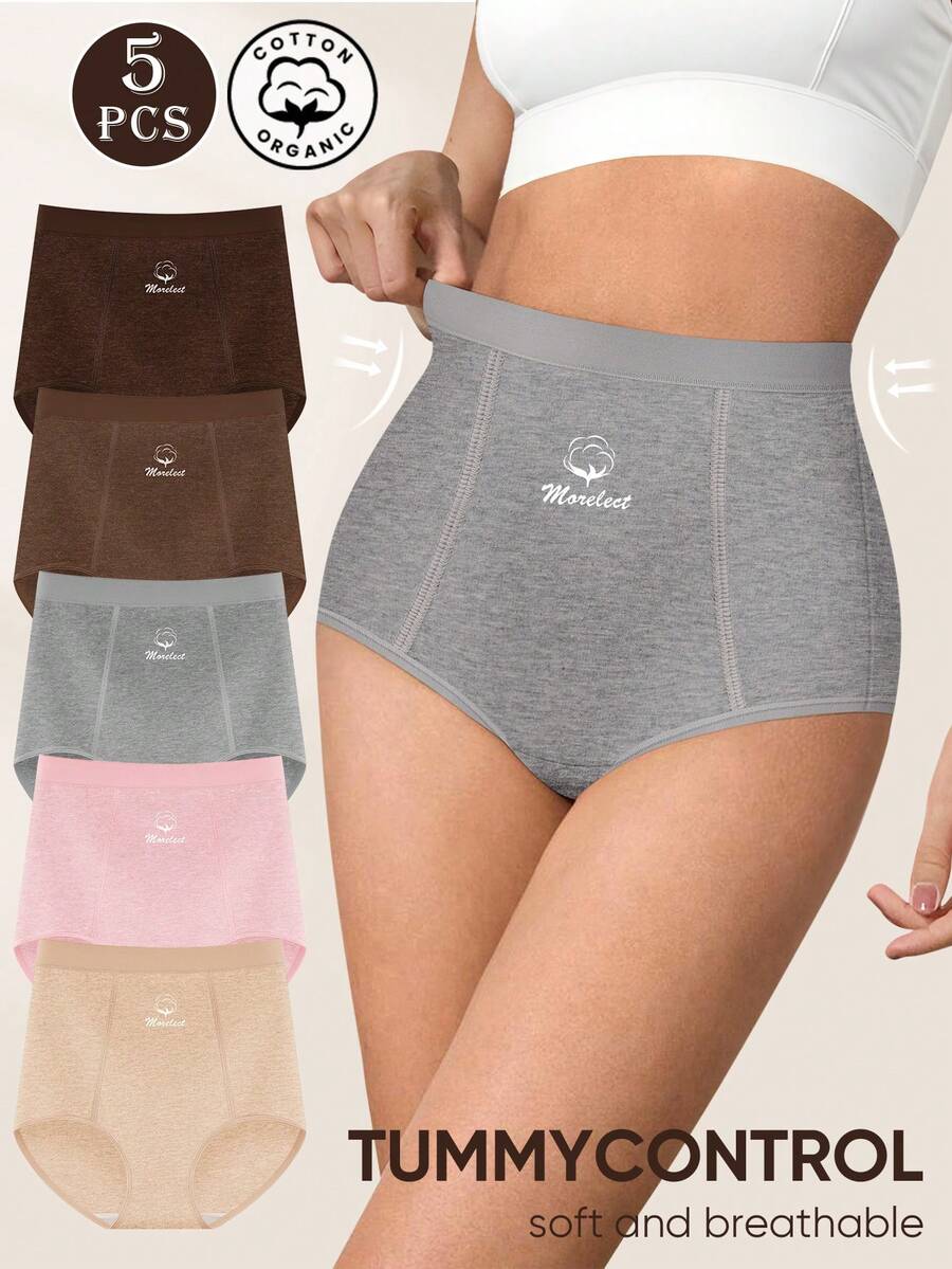 MEIYATING 5pcs Women's Cotton High Waist Shaping Panties, Symmetrical Line Design, Fashion English Graphic Print Triangle Briefs, Suitable For Daily And Commuting