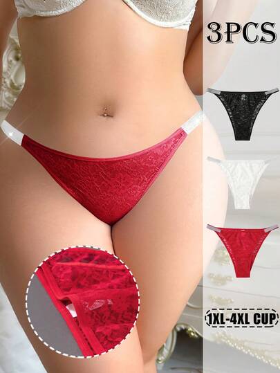 Set de 3 bragas de bikini sexy con encaje y parches para mujer de talla grande