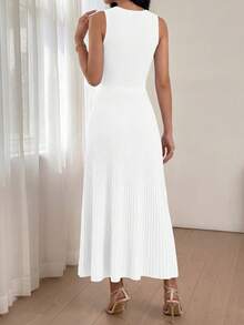 Women Summer Sleeveless Midi Dress Crewneck Ribbed Knit Pleated Swing A-Line Flowy Dress Solid Color Casual Spring Holiday Vacation Valentine Long Midi Dress Outfits - trắng - Xem 2