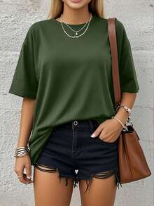 Speed mate Camiseta deportiva casual de manga corta y cuello redondo de unicolor para mujer de talla grande - Verde Oscuro - Ver 4