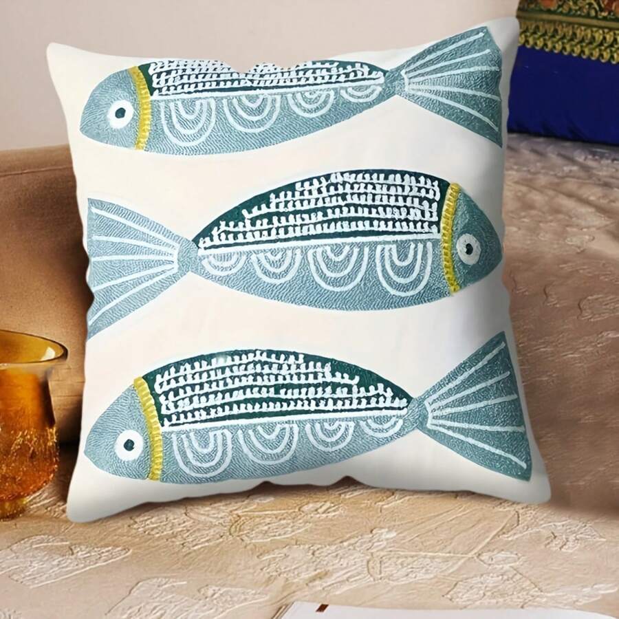 1PC 18x18 Inch Bohemian Style Pillow Cover, White Background With Blue & Navy Fish Pattern,  Navy Blue & White Coastal Pillow Case, Marine Life Pattern Short Plush Cushion Cover, Bluefin Tuna & Mackerel Pattern, Three Fish In Watercolor On Striped Background, Vintage Sardines Brand Throw Cover, Machine Washable For Bed, Sofa, Boat, Machine Washable For Bedroom, Sofa, Living Room, Retro Style, Decorative Pillowcase, Perfect Holiday Home Decor, Perfect For Valentine's Day/Birthday/Anniversary/Christmas/New Year/Holiday/Thanksgiving/Birthday Home Decoration - 風格-5 - 查看 1