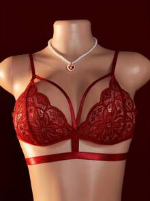 2pcs Women's Sexy Lingerie Set, Featuring Lace Crotchless Panty Design. Seductive Intimate Apparel - Red - View 4