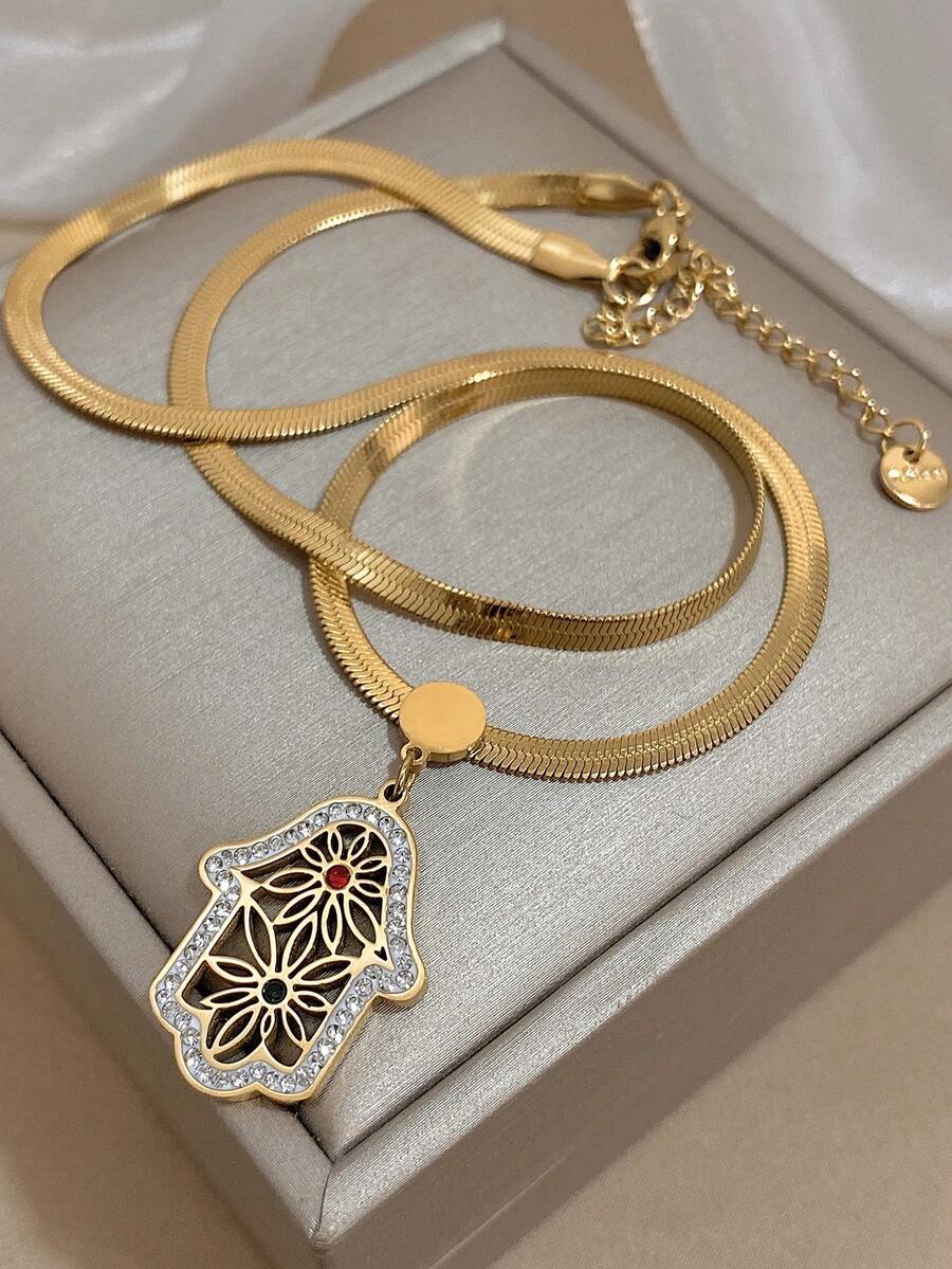 1件闪亮金色哈姆萨之手项链，镶嵌透明水晶 - 时尚优雅的吊坠，象征着守护和好运，适合日常佩戴和特殊场合，男女皆宜，情人节礼物 - 彩色 - 查看 1