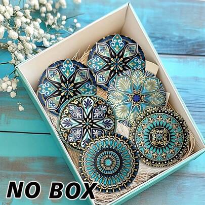 6pcs Mandala Art Wooden Coasters With Non-Slip Table Pads, Suitable For Patio, Kitchen, Living Room, Artistic Gift For Friends And Family, Kitchen Decor, Tabletop Decor, Available In 1 Set Or 3 Sets