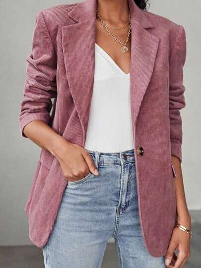 New Women's Corduroy Blazer, Fashionable Slim Fit, Soft & Comfortable, Versatile Casual/Work Wear, Long Sleeve, Solid Color Woven Fabric, Pockets & Buttons, Suitable For Office, Dates, Holidays, Daily Wear, All Seasons