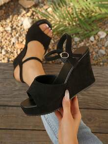 Simple Elegant Black Wedge Sandals For Women, Suede Strap With Metal Buckle Design, Casual Platform Sandals For Petite - 黑色 - 查看 1